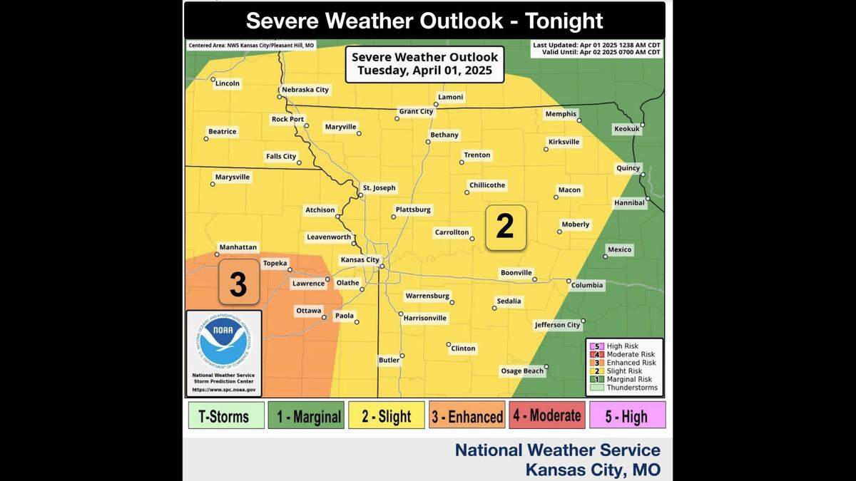 A line of strong to severe thunderstorms are expected to sweep through the Kansas City area overnight Tuesday, bringing the possibility of a damaging winds, large hail and heavy rains, the National Weather Service said. A tornado or two cannot be ruled out.