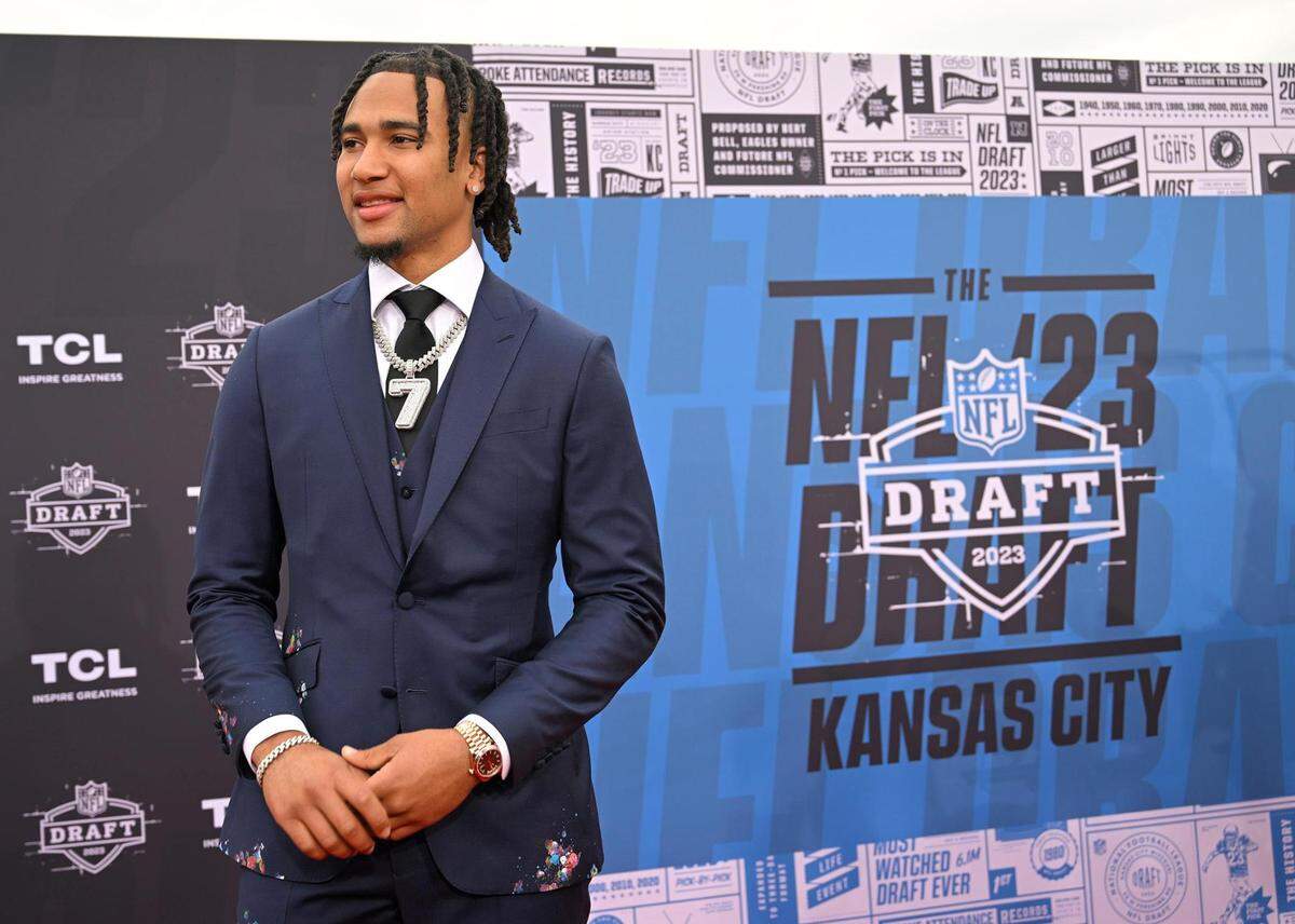 NFL Draft prospect C.J. Stroud, Ohio State quarterback, on the Red Carpet on the Memorial Courtyard before the first round of the NFL Draft on Thursday, April 27, 2023, at the National WWI Museum and Memorial.