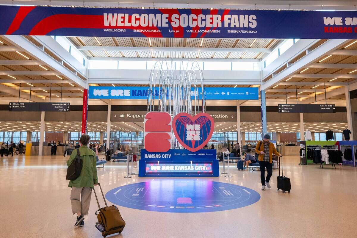 The World Cup 2026 countdown clock at Kansas City International Airport, on Wednesday, April 29, 2026.