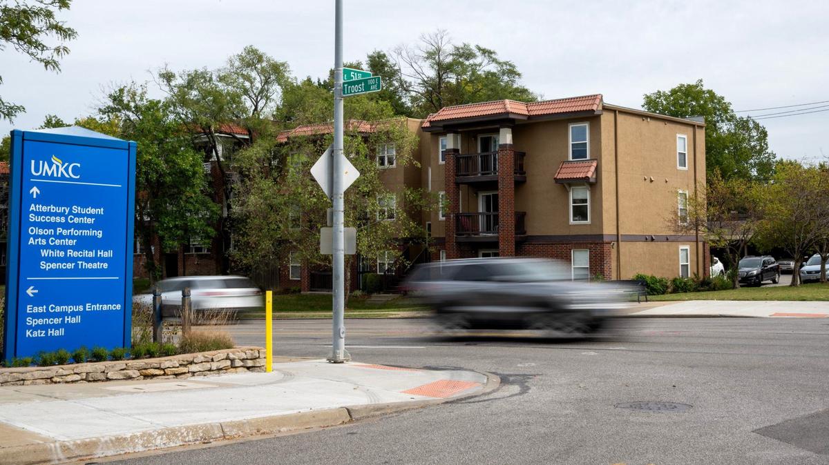 The intersection of East 51st Street and Troost Avenue is seen on Friday, Sept. 27, 2024, in Kansas City. The area was the site of a fatal accident involving person driving a scooter Thursday.