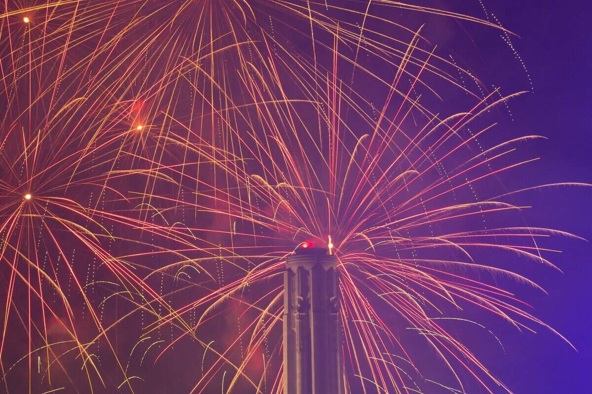 Fireworks light up the night sky over Penn Valley Park on Saturday, July 4, 2026. The National WWI Museum and Memorial's Stars and Stripes Picnic celebrates America's 250th and the Memorial's 100th