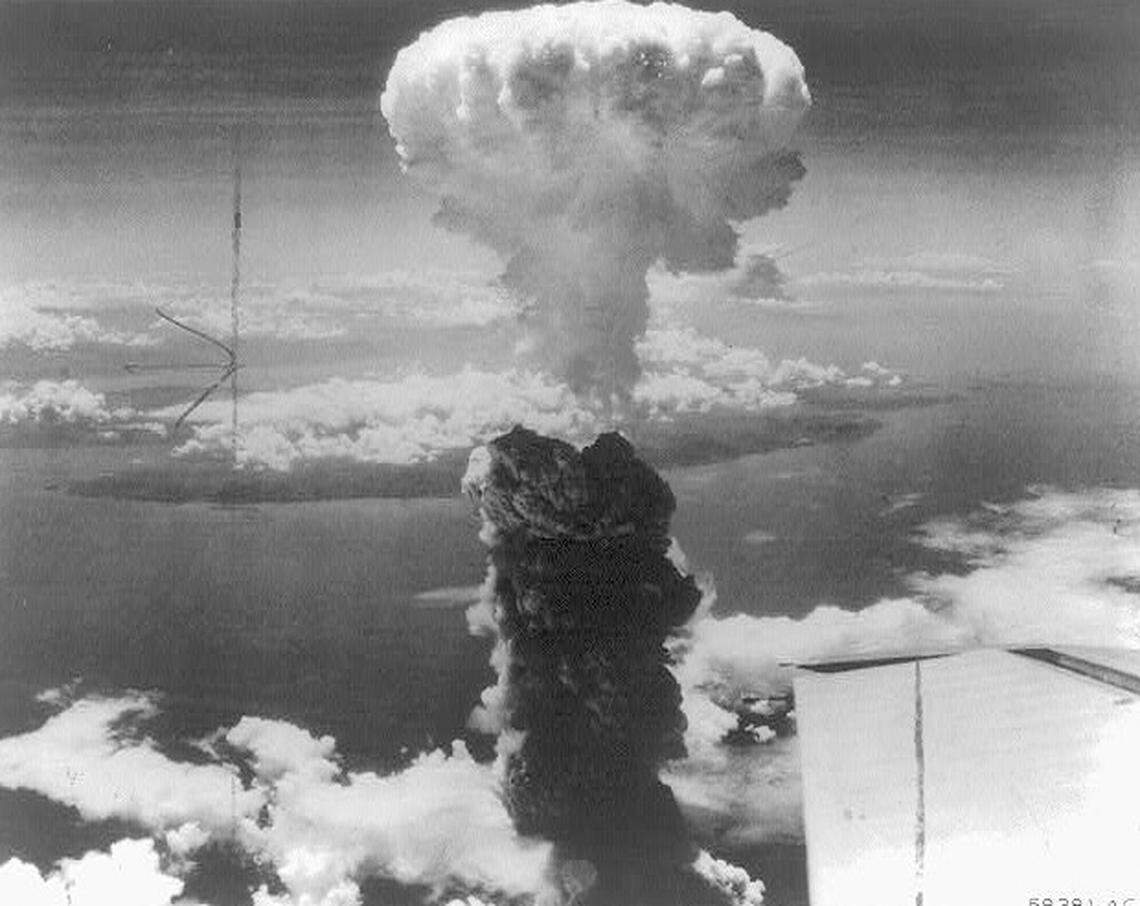 A mushroom cloud rises into the atmosphere after the atomic bomb named “Fat Man” was detonated over Nagasaki in Japan on Aug. 9, 1945. The plutonium powered bomb was 40% more powerful than the uranium bomb detonated over Hiroshima just three days before.