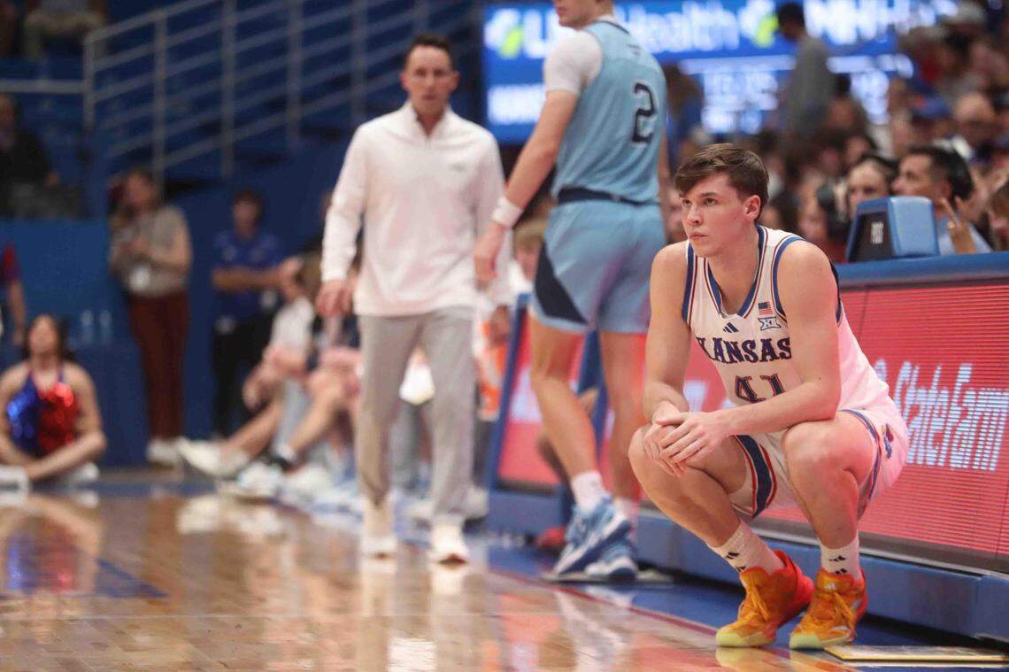 Kansas Jayhawks forward Zach Clemence (41) waits to be subbed in during the second half of a game against Washburn inside Allen Fieldhouse on Tuesday, Oct. 29, 2024.