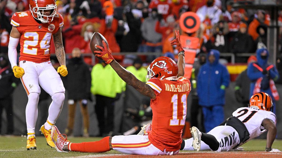 Kansas City Chiefs wide receiver Marquez Valdes-Scantling (11) got in for a touchdown during the second half against the Cincinnati Bengals in the AFC Championship Game on Sunday, Jan. 29, 2023, at GEHA Field at Arrowhead Stadium.