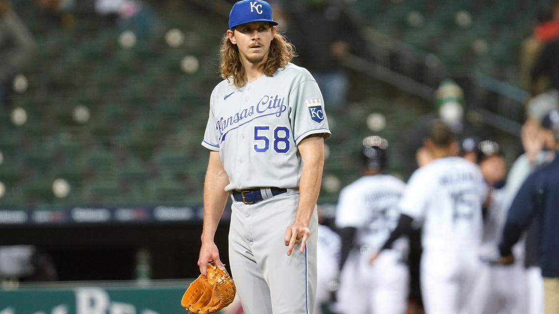 Kansas City Royals relief pitcher Scott Barlow watches after allowing a Detroit Tigers’ Robbie Grossman a walk-off single in the ninth inning of a baseball game in Detroit, Tuesday, May 11, 2021. (AP Photo/Paul Sancya)