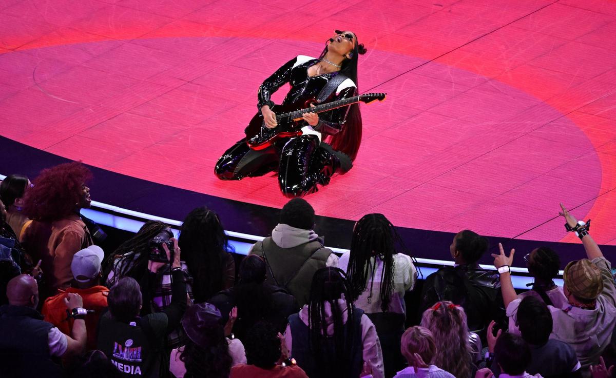 H.E.R. performs as part of the halftime show at Super Bowl LVIII, Sunday, Feb. 11, 2024, in Las Vegas.