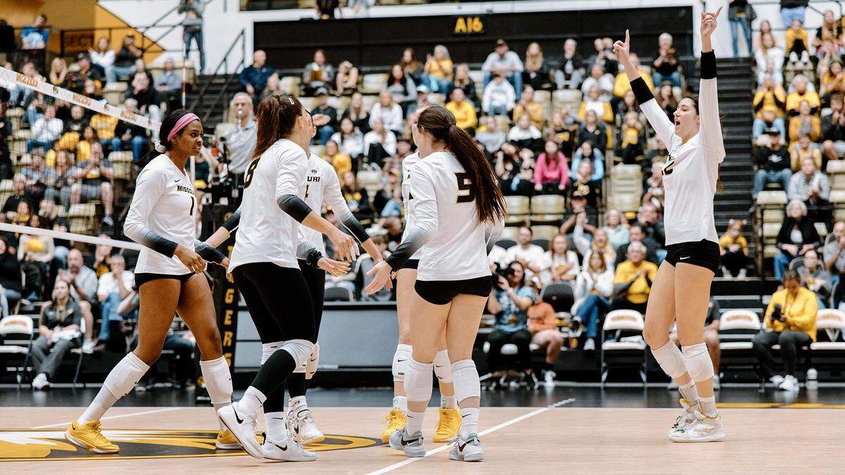 The Missouri volleyball team during a home win over Auburn on Nov. 12, 2023.