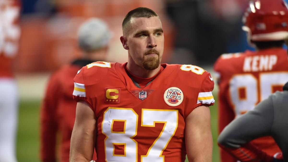 Kansas City Chiefs tight end Travis Kelce on the field for warmups Sunday, January 24, 2021, before the AFC Championship Game at Arrowhead Stadium in Kansas City, Missouri.