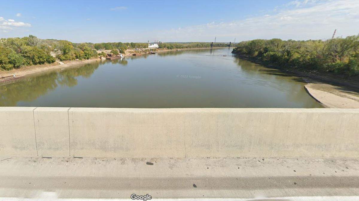 A 47-year-old Missouri man is missing and feared drowned after he was thrown overboard when his sailboat collided with a barge on the Missouri River near Interstate 435 in Kansas City. This Google Maps Street View image of the area is from 2022.