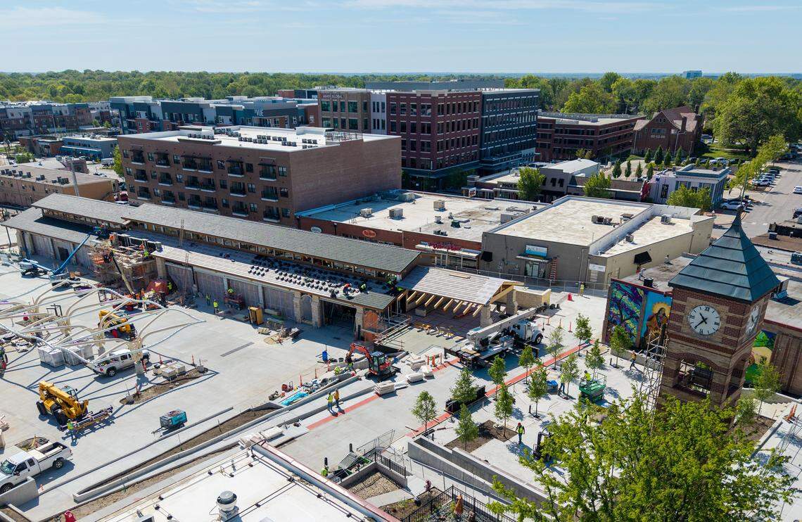 Work continues on the Overland Park Farmers Market pavilion and the Clock Tower Landing, a $34 million project underway in downtown Overland Park on Tuesday, April 21, 2026. The first farmers market is set to open in the pavilion on Saturday, June 6, 2026. 
