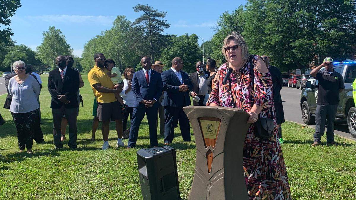 Kansas City Parks and Recreation Director Terry Rynard speaks during the unveiling of Dr. Martin Luther King Jr. Boulevard along The Paseo on June 5.