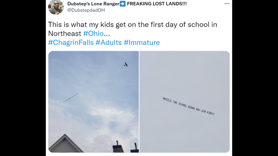 An anti-mask banner flew overhead in Chagrin Falls, Ohio, during the first day of the 2021-2022 school year.