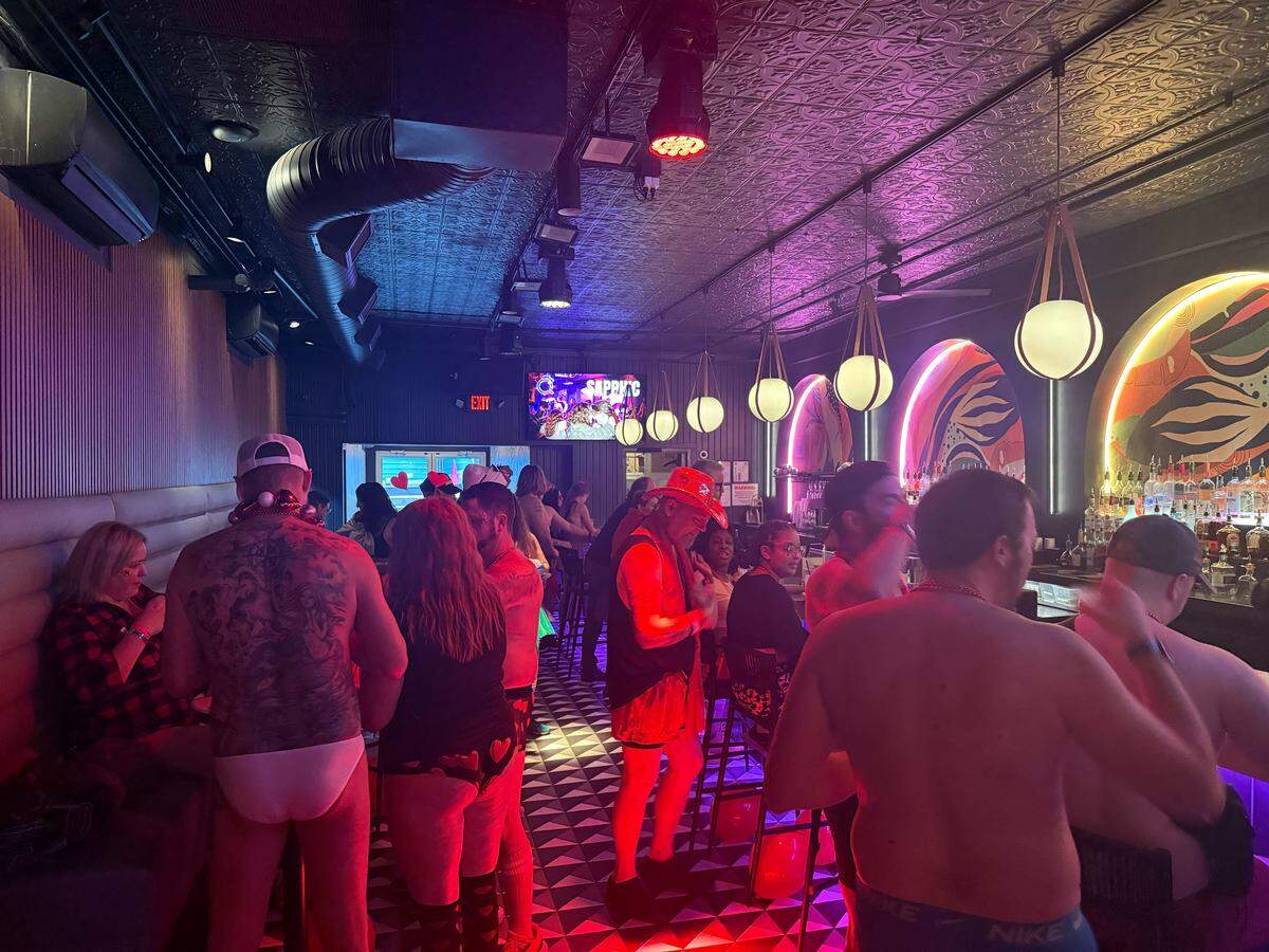 Participants in the 2026 Cupid’s Undie Run in Kansas City party at Q Kansas City, 504 Westport Road, prior to the run.