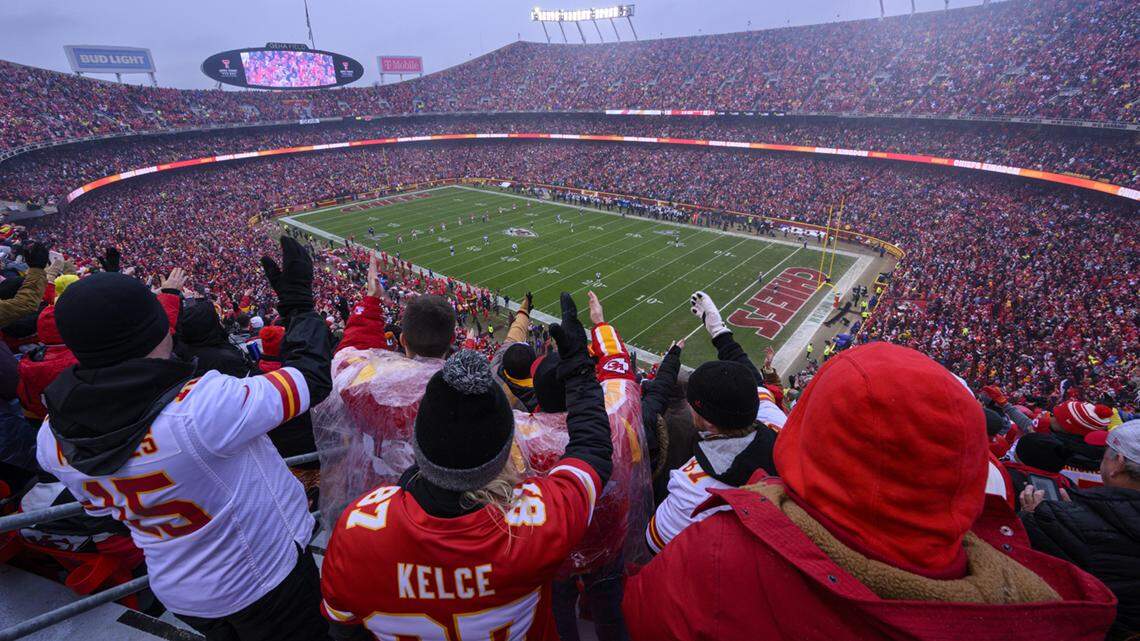 Kansas City Chiefs fans do the “tomahawk chop” prior to kickoff against the Jacksonville Jaguars at the start of the first half of an NFL divisional round playoff football game, Saturday, Jan. 21, 2023 in Kansas City, Mo. (AP Photo/Reed Hoffmann)