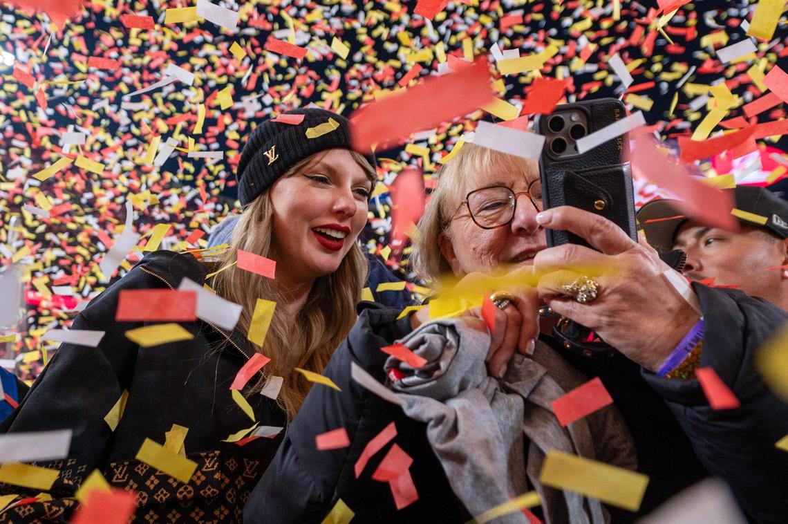 Pop Taylor Swift, left, takes a photo with Donna Kelce, mother of Kansas City Chiefs tight end Travis Kelce, during the AFC Championship Game on Sunday, Jan. 26, 2025, at GEHA Field at Arrowhead Stadium.