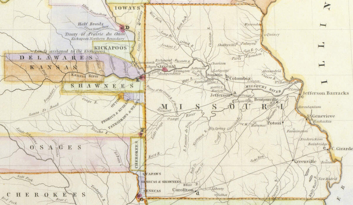 Map showing Missouri’s western borders and tribal reservations set aside after the Indian Removal Act, 1836