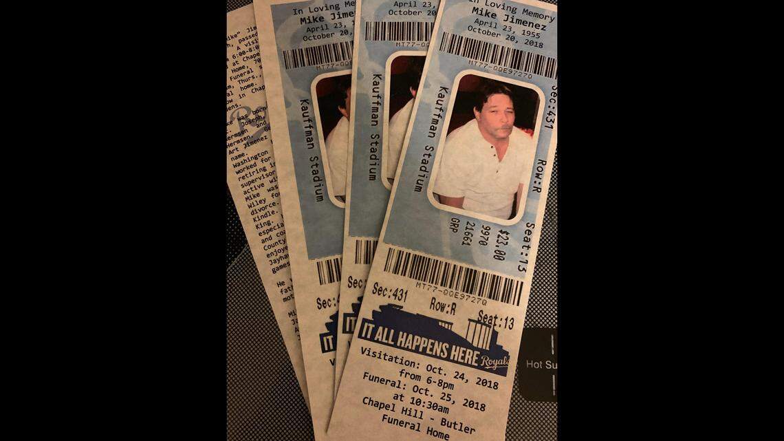Longtime Kansas City Royals and ardent baseball fan Michael Jimenez died on Saturday, just hours after watching Game 7 of the National League Championship. The funeral home printed his obit on replica Royals tickets.
