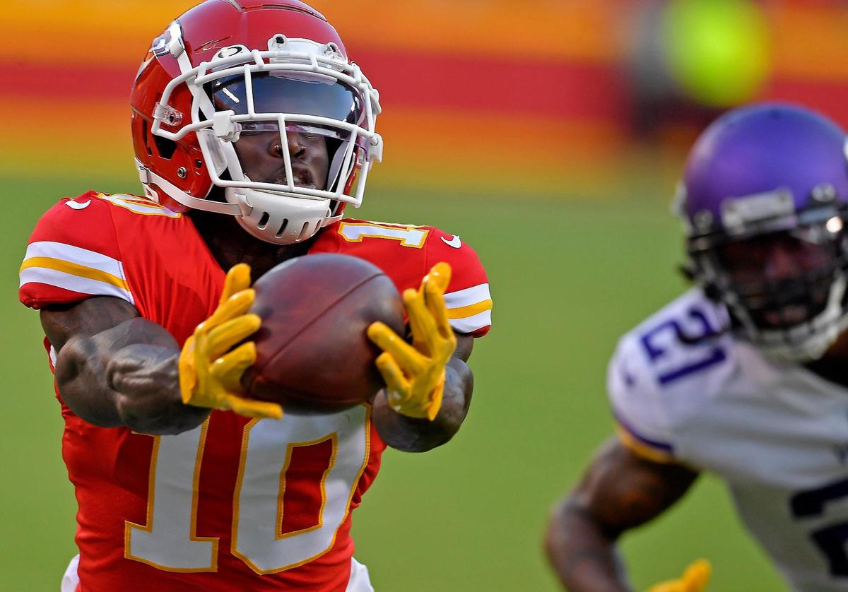 Chiefs quarterback Patrick Mahomes tossed a perfect pass into the outstretched hands of wide receiver Tyreek Hill, who blew right past Minnesota’s Bashaud Breeland on his way to the endzone, and just like that, the Chiefs were on top during Friday night’s preseason game at Arrowhead Stadium.