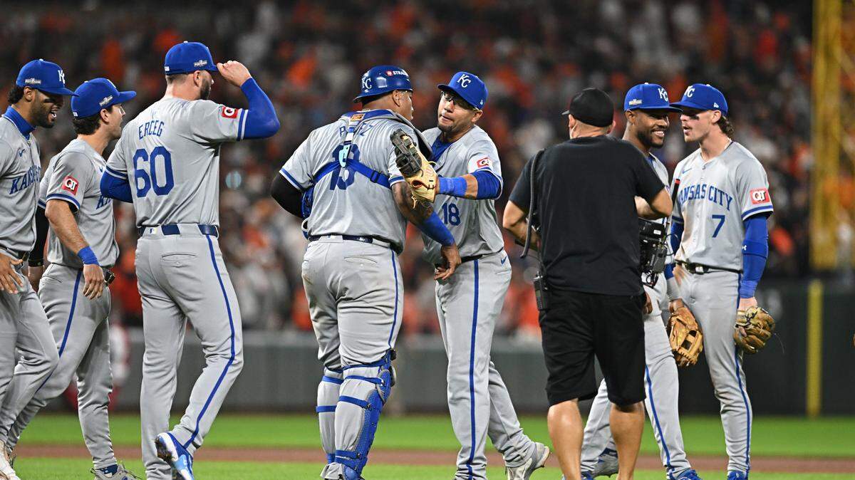 Kansas City Royals players celebrate after defeating the Baltimore Orioles in Game 2 of the Wild Card round of the 2024 MLB Playoffs at Oriole Park at Camden Yards on Oct. 2, 2024.