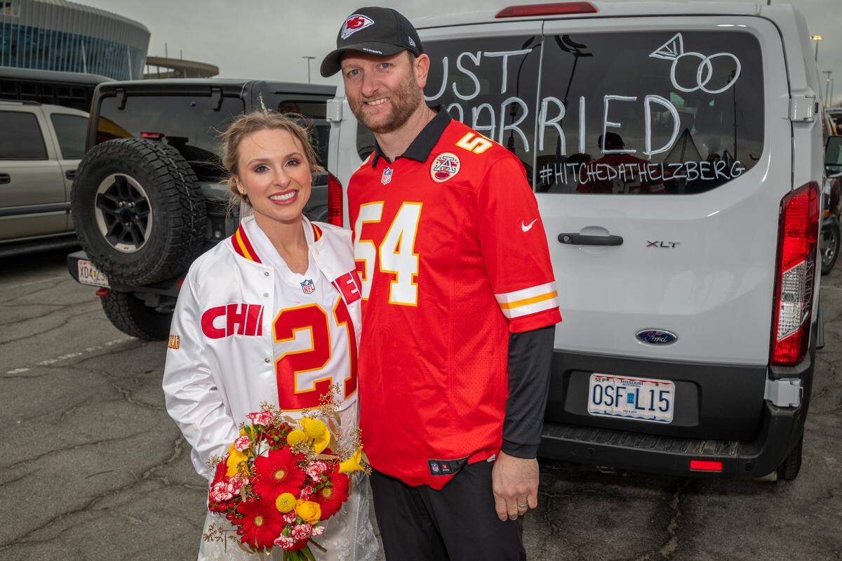 Jordyn Burnidge and Chad Clauser, of Kansas City, North, exchanged wedding vows on the GEHA Deck at Arrowhead after winning a contest conducted by Helzberg Diamonds to be married at a Chiefs home game.