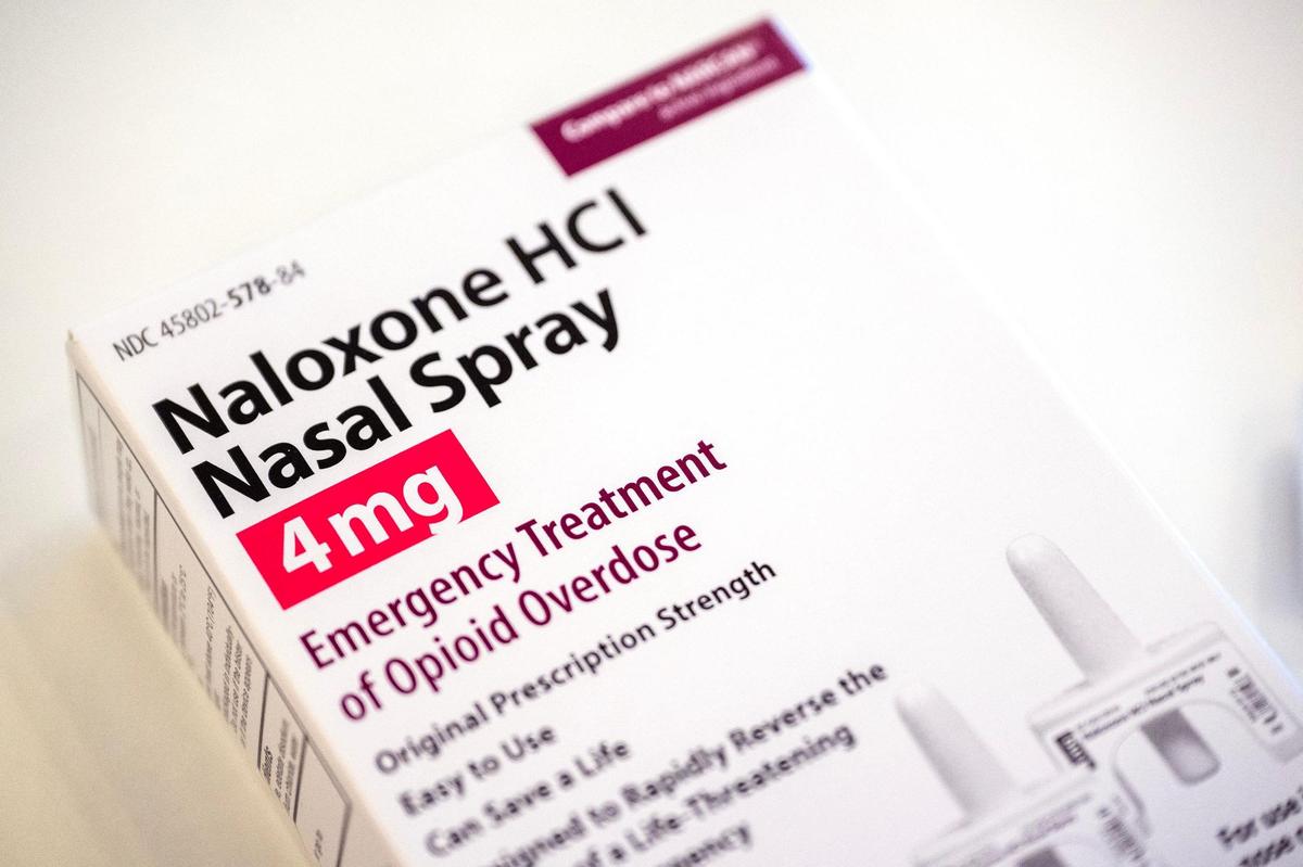 A box of Naloxone HCl nasal spray, an opioid overdose reversal medication, is pictured on Monday, May 12, 2025, in Kansas City. Naloxone rapidly counteracts the life-threatening effects of opioid overdoses.