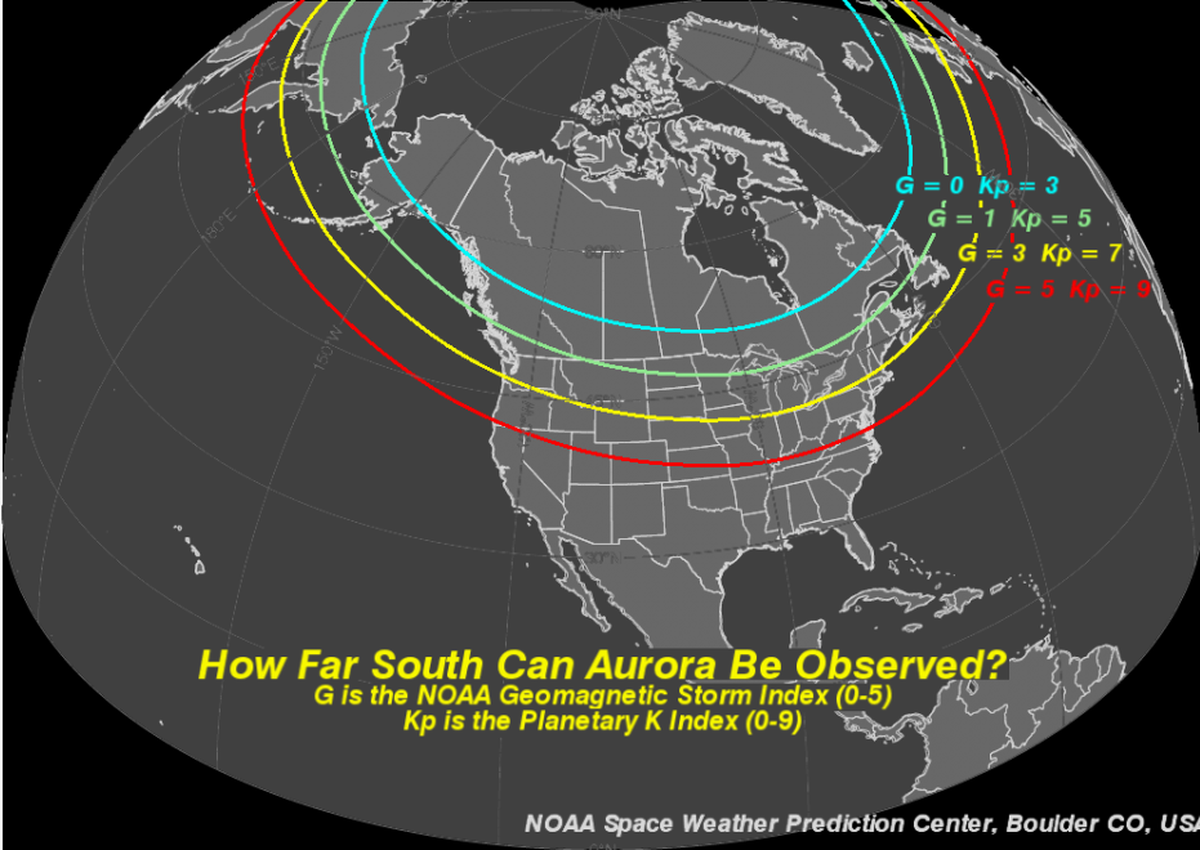 This graphic from the Space Weather Prediction Center shows the visibility of aurora activity in North America based on the geomagnetic storm index (G).