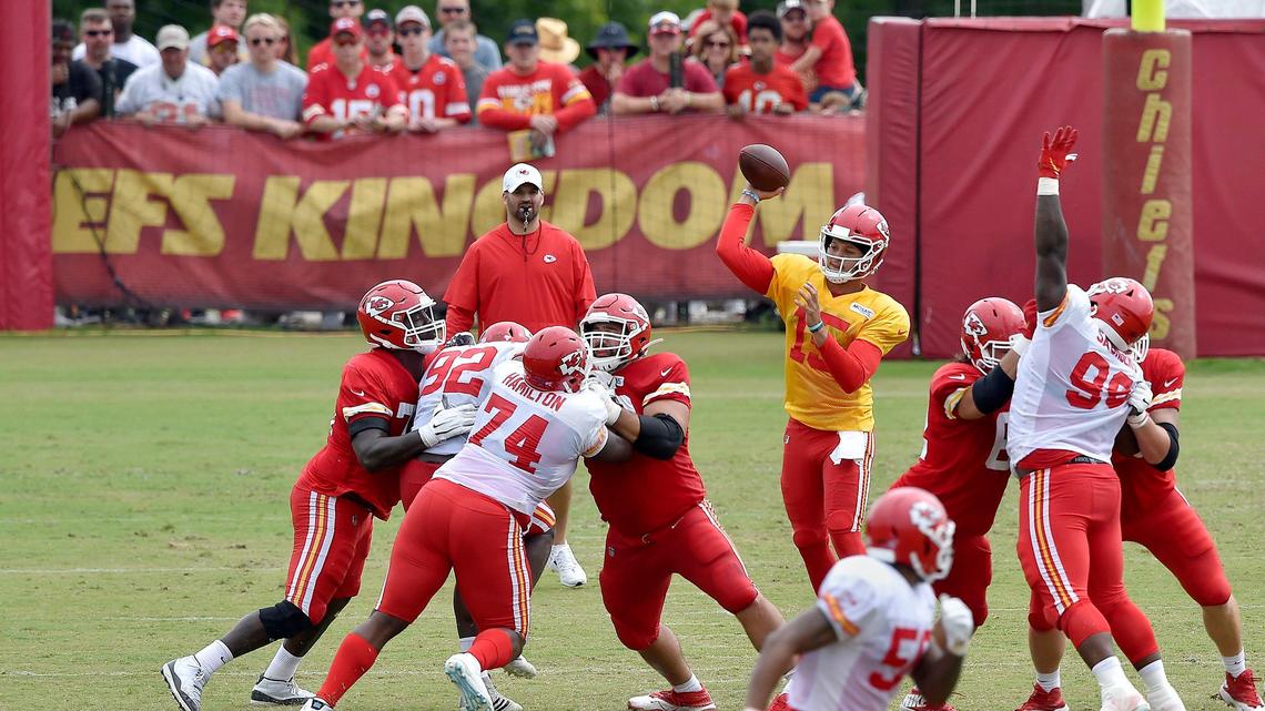 Patrick Mahomes leads the offense through drills as fans observe Chiefs training camp Friday at Missouri Western in St. Joseph, Missouri.
