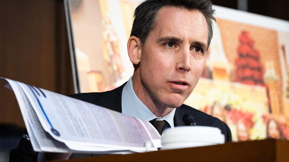 Sen. Josh Hawley (R-Mo.) asks questions as Attorney General Merrick Garland testifies in front of the Senate Judiciary Committee on March 1, 2023 in Washington.