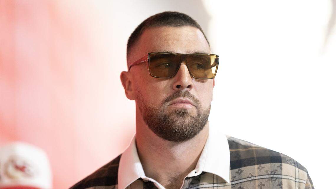 Kansas City Chiefs tight end Travis Kelce (87) arrives at GEHA Field at Arrowhead Stadium for the game against the Detroit Lions on Sunday, October 12, 2025, in Kansas City.