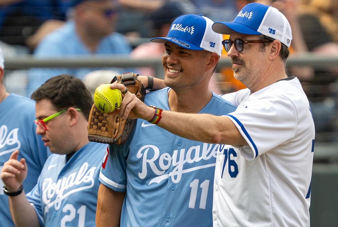 Jeremy Guthrie, center, a former Royals pitcher, with Jason Sudeikis, right, at the Big Slick Celebrity Softball game on Friday, May 30, 2025, at Kauffman Stadium in Kansas City.