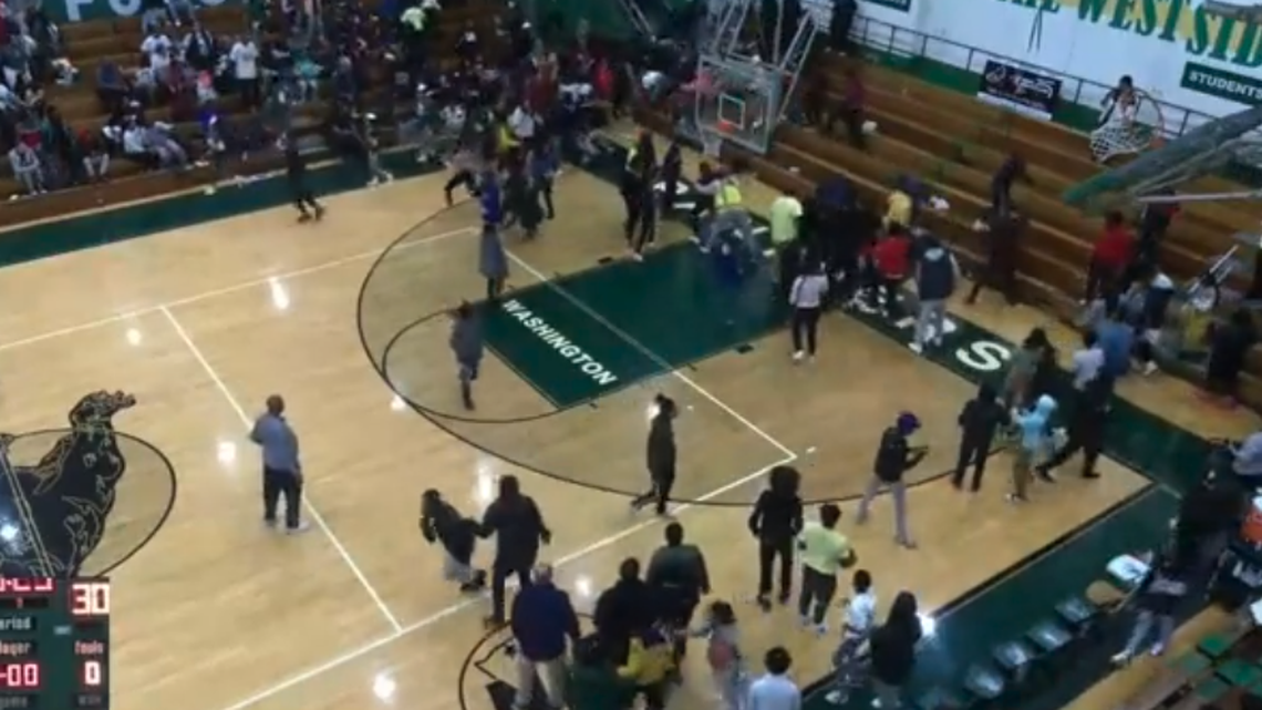 Fights broke out during halftime of a basketball game between Washington High School and Riley High School in South Bend, Indiana, police say.