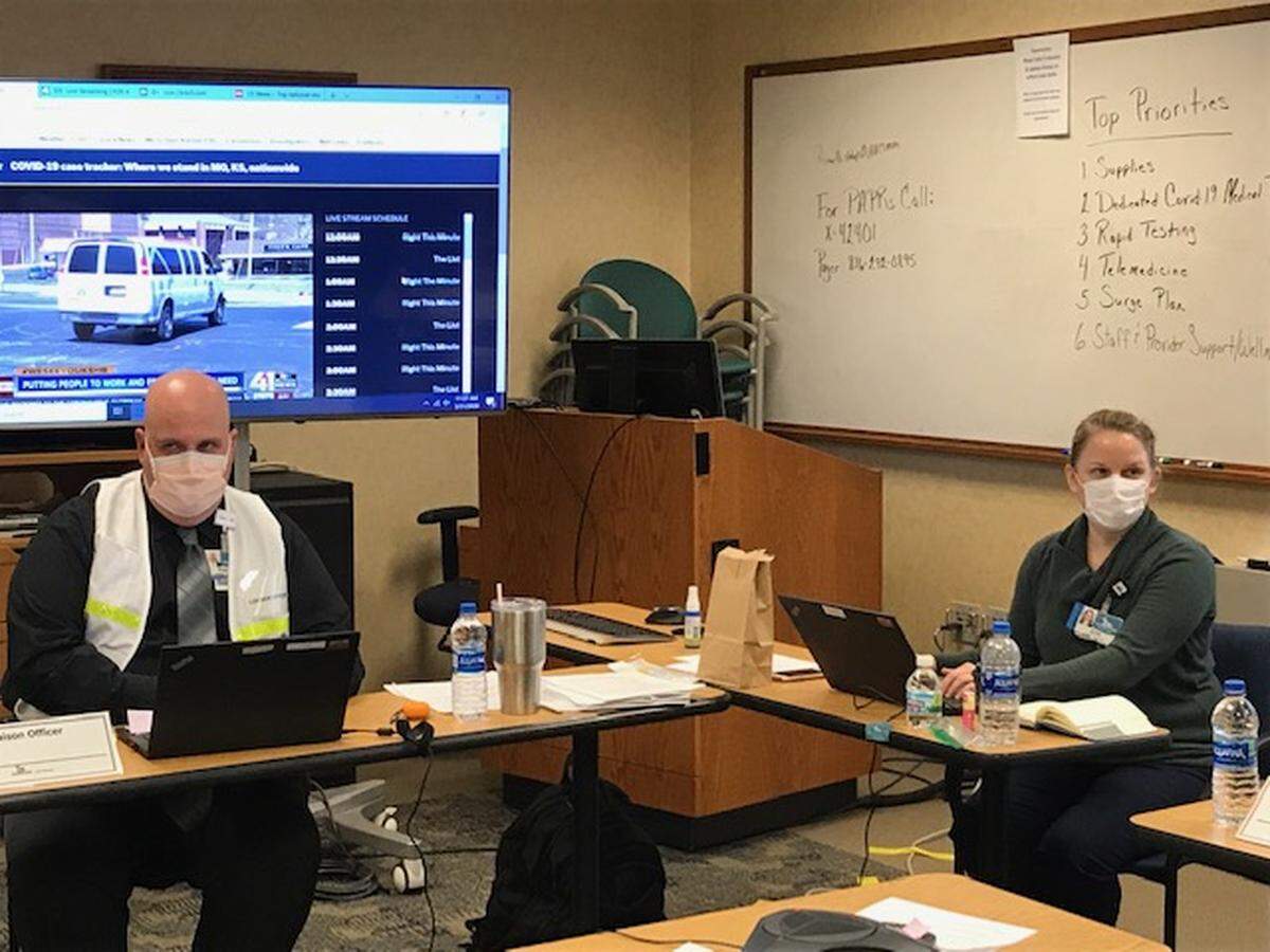 Steven Hoeger, director of safety and emergency management, works inside Truman Medical Center’s Incident Command Center, established in preparation for a possible surge in Kansas City’s COVID-19 cases.