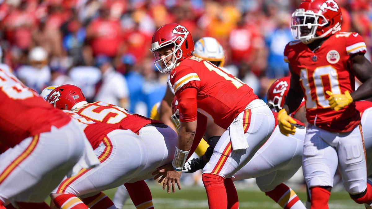 Kansas City Chiefs quarterback Patrick Mahomes prepares to take the snap from center Creed Humphrey during a Sept. 26 game against the Los Angeles Chargers at Arrowhead Stadium.