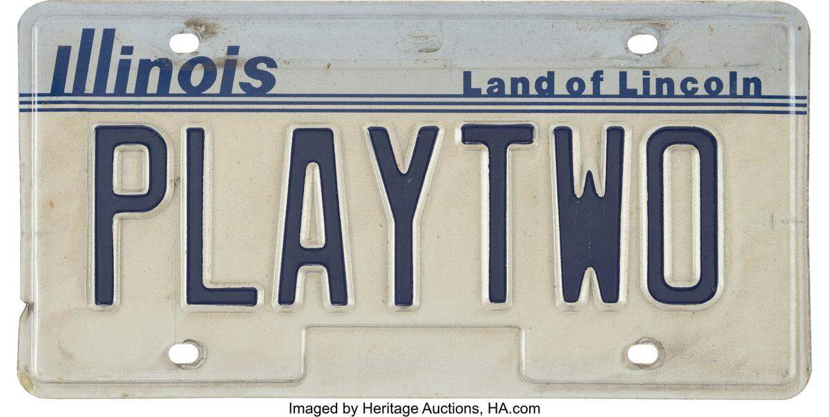 Ernie Banks’ Illinois license plate with his trademark ‘PLAYTWO.’