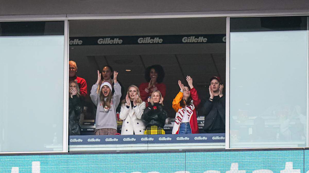 Pop star Taylor Swift react as the Kansas City Chiefs score against the New England Patriots in the second quarter at Gillette Stadium.