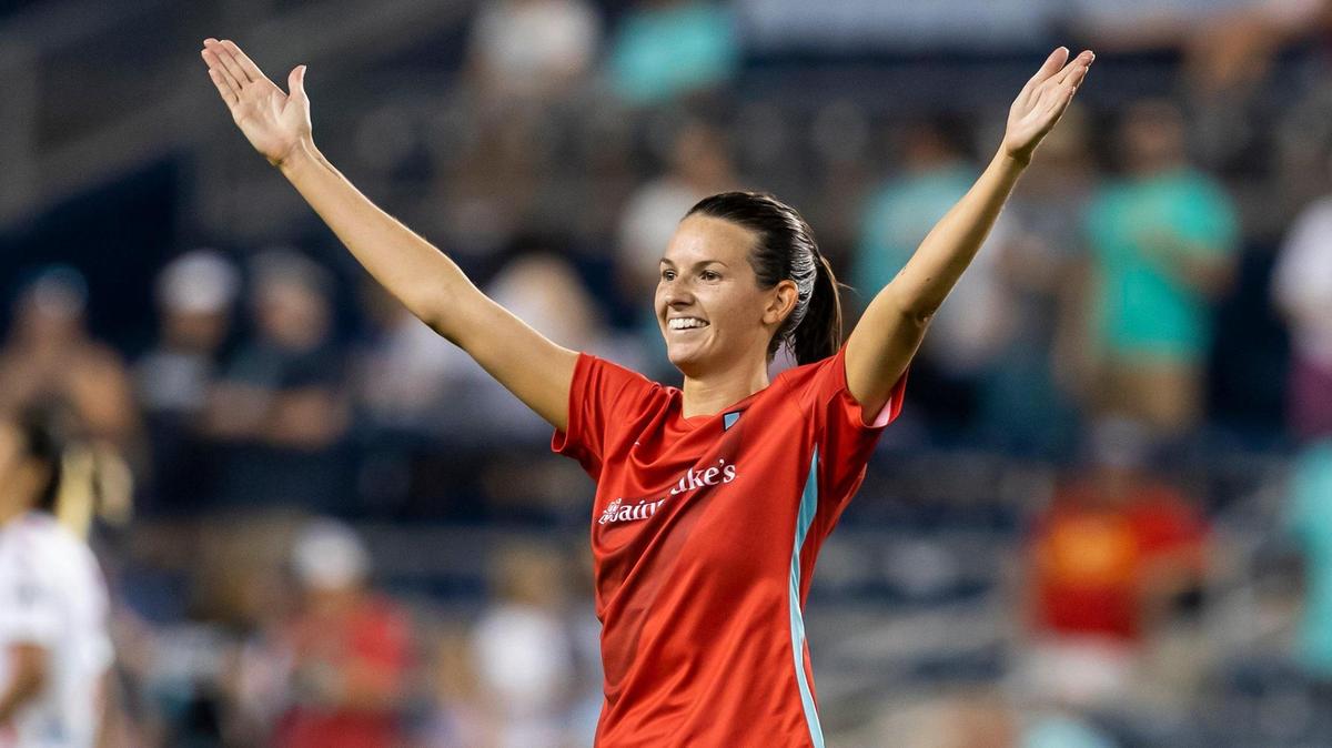 KC Current forward Cece Kizer (5) celebrates after scoring the tying goal during the game between the KC Current and the Chicago Red Stars on Saturday June 18, 2022 at Children’s Mercy Park in Kansas City, Kansas.