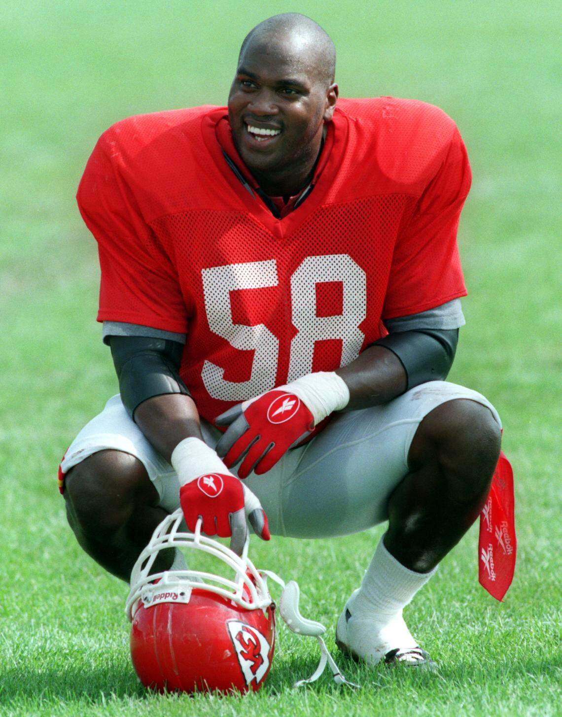 Derrick Thomas displayed his trademark smile during Chiefs training camp in the summer of 1997.