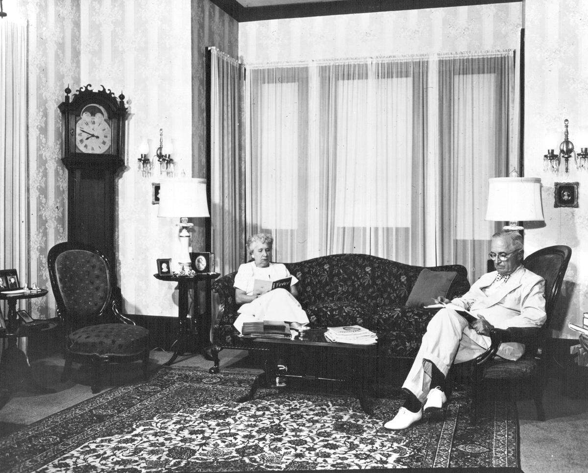 Harry and Bess Truman, both avid readers, are absorbed in their books during a typical evening of after-dinner relaxation in their home in Independence, Missouri, in 1953. 