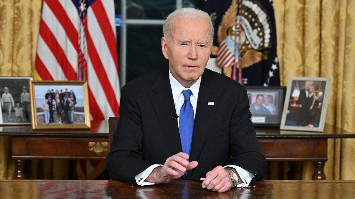 US President Joe Biden delivers his farewell address to the nation from the Oval Office of the White House in Washington, DC, on January 15, 2025. (Photo by Mandel NGAN / Pool / Sipa USA)