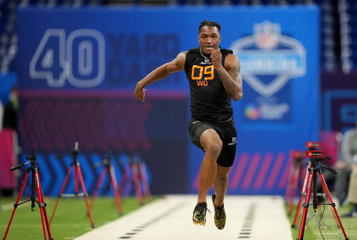Missouri wideout Luther Burden III (WO09) during the 2025 NFL Combine at Lucas Oil Stadium on March 1, 2025.