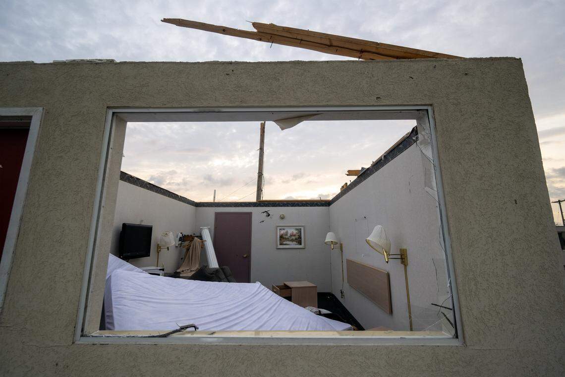 Damage was visible at the Knights Inn, 1641 S. Main St., on Tuesday, April 14, 2026, in Ottawa, Kansas, after a tornado moved through the town Monday night.