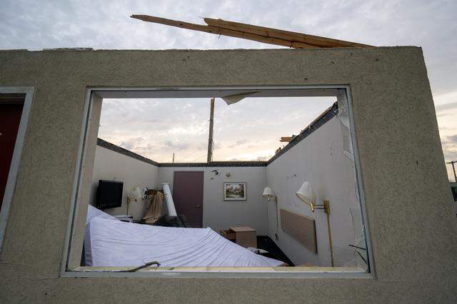Damage was visible at the Knights Inn, 1641 S. Main St., on Tuesday, April 14, 2026, in Ottawa, Kansas, after a tornado moved through the town Monday night.