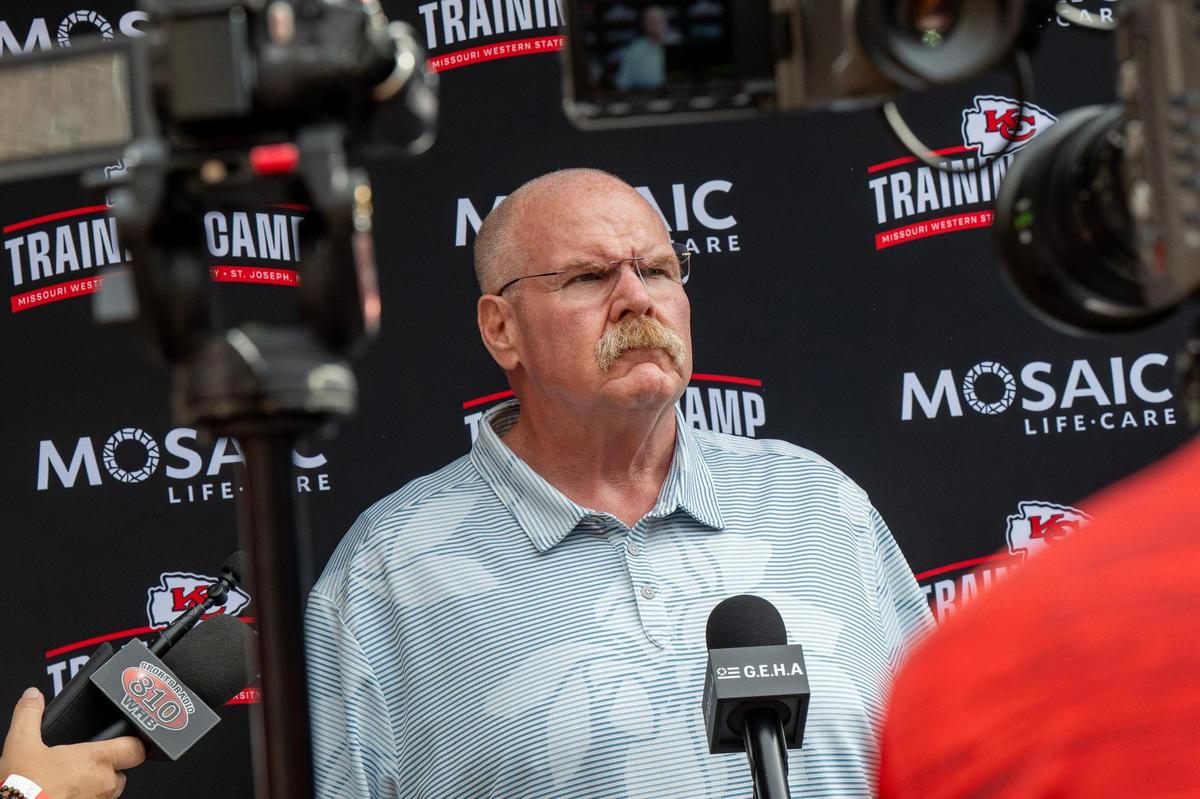 Kansas City Chiefs head coach Andy Reid answers questions from the media during a press conference before the start of Chiefs training camp on Sunday, July 20, 2025, in St. Joseph.
