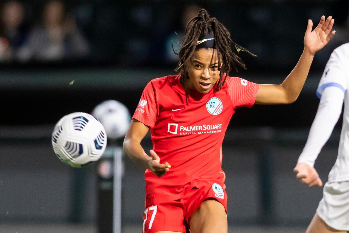 Kansas City NWSL forward Jessica Silva crosses the ball to a teammate during a recent game at Legends Field in Kansas City, Kan.