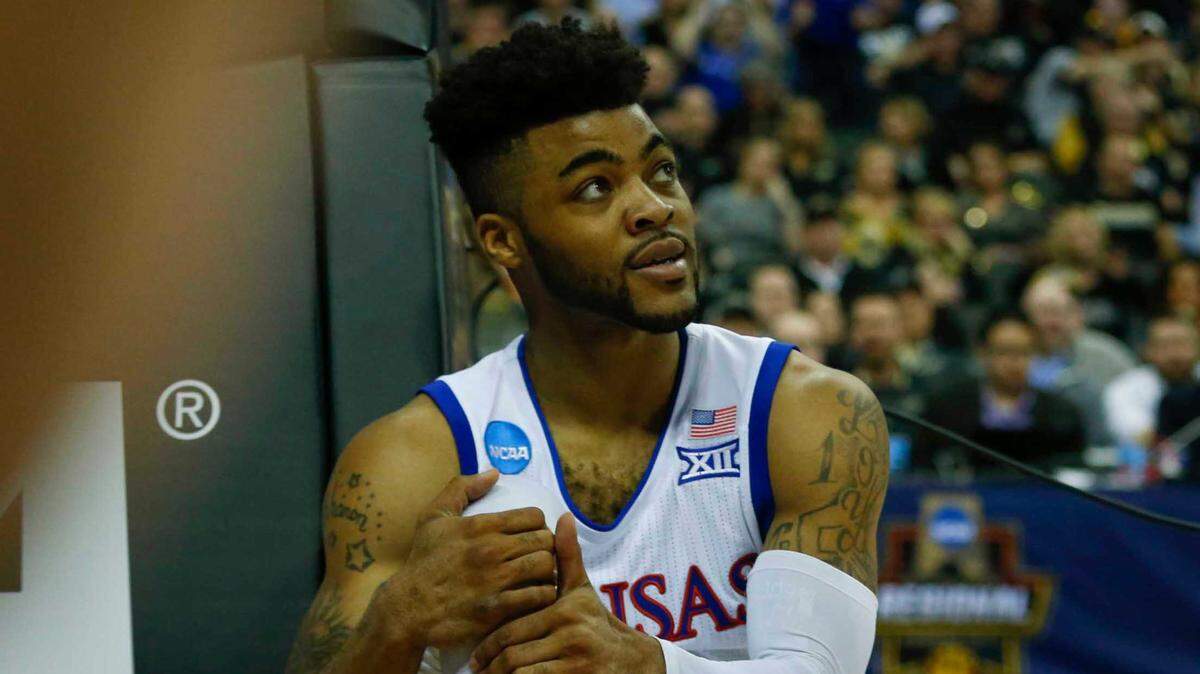 Kansas Jayhawks guard Frank Mason III reacts on the court during the first half against the Purdue Boilermakers in the Sweet 16 at Sprint (now T-Mobile) Center in Kansas City on March 23, 2017.