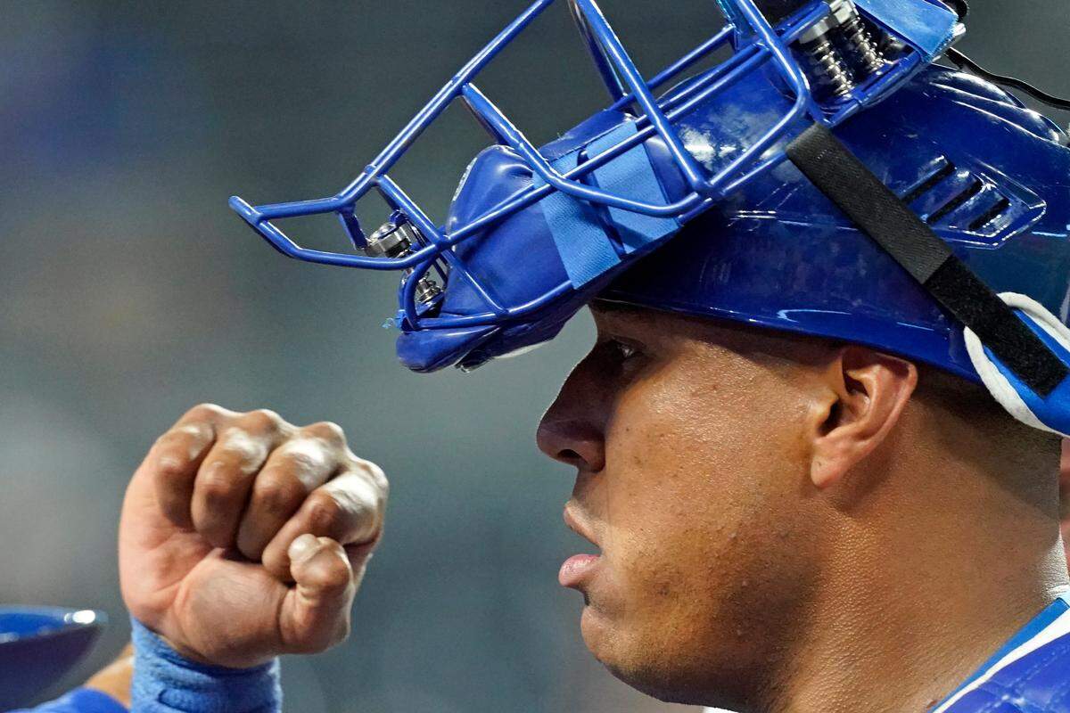 Kansas City Royals’ Salvador Perez celebrates after a baseball game against Cleveland on Tuesday, Sept. 28, 2021, in Kansas City, Mo. The Royals won 6-4.