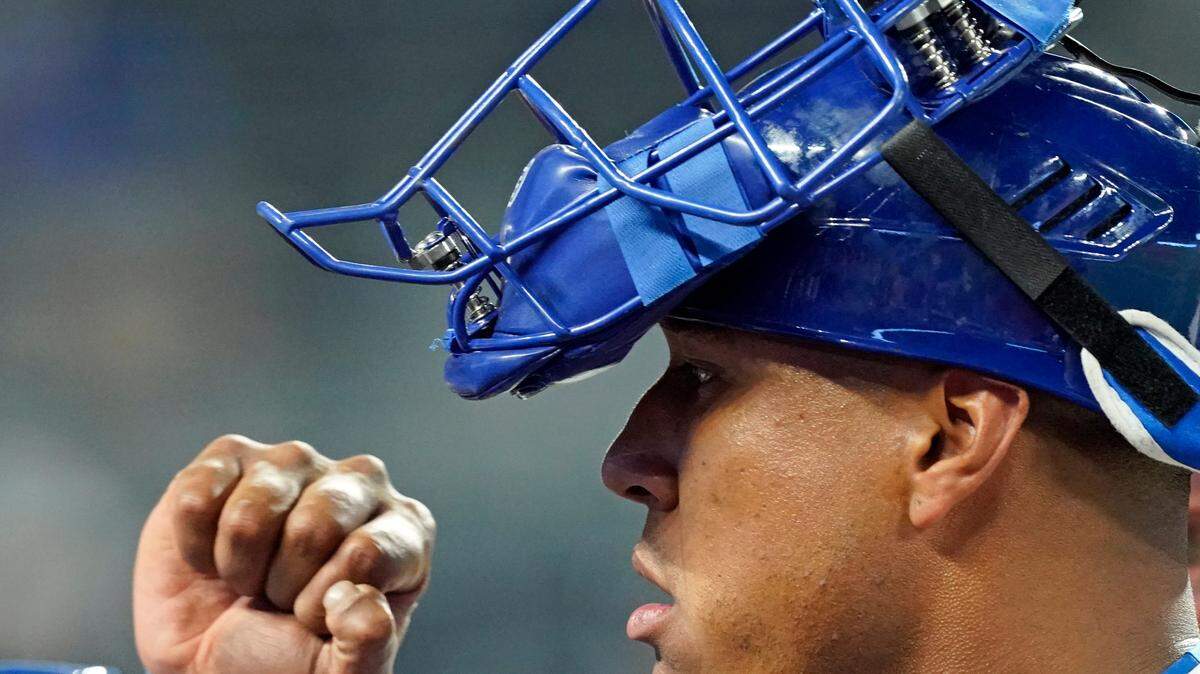 Kansas City Royals’ Salvador Perez celebrates after a baseball game against Cleveland on Tuesday, Sept. 28, 2021, in Kansas City, Mo. The Royals won 6-4.