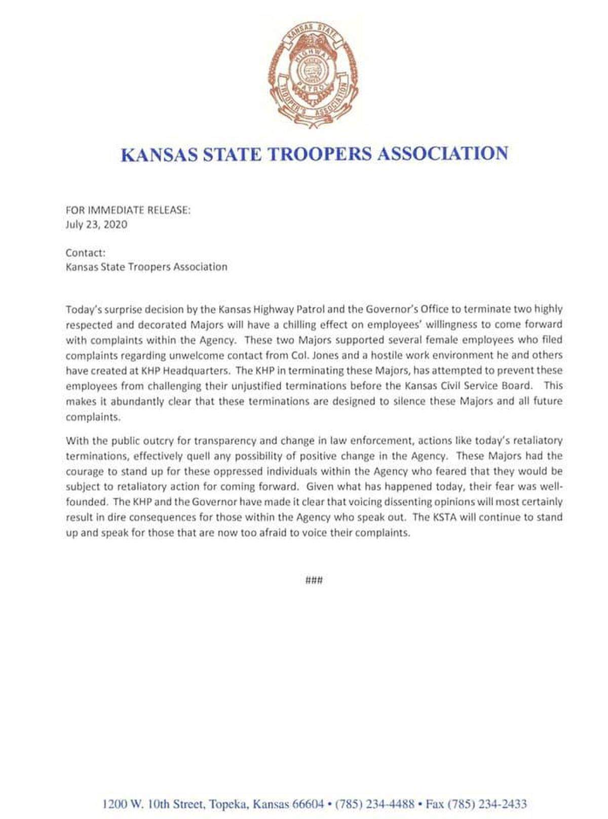 This is a copy of the letter posted to Facebook by the Kansas Troopers Association regarding the Kansas Highway Patrol’s termination of two majors this week.