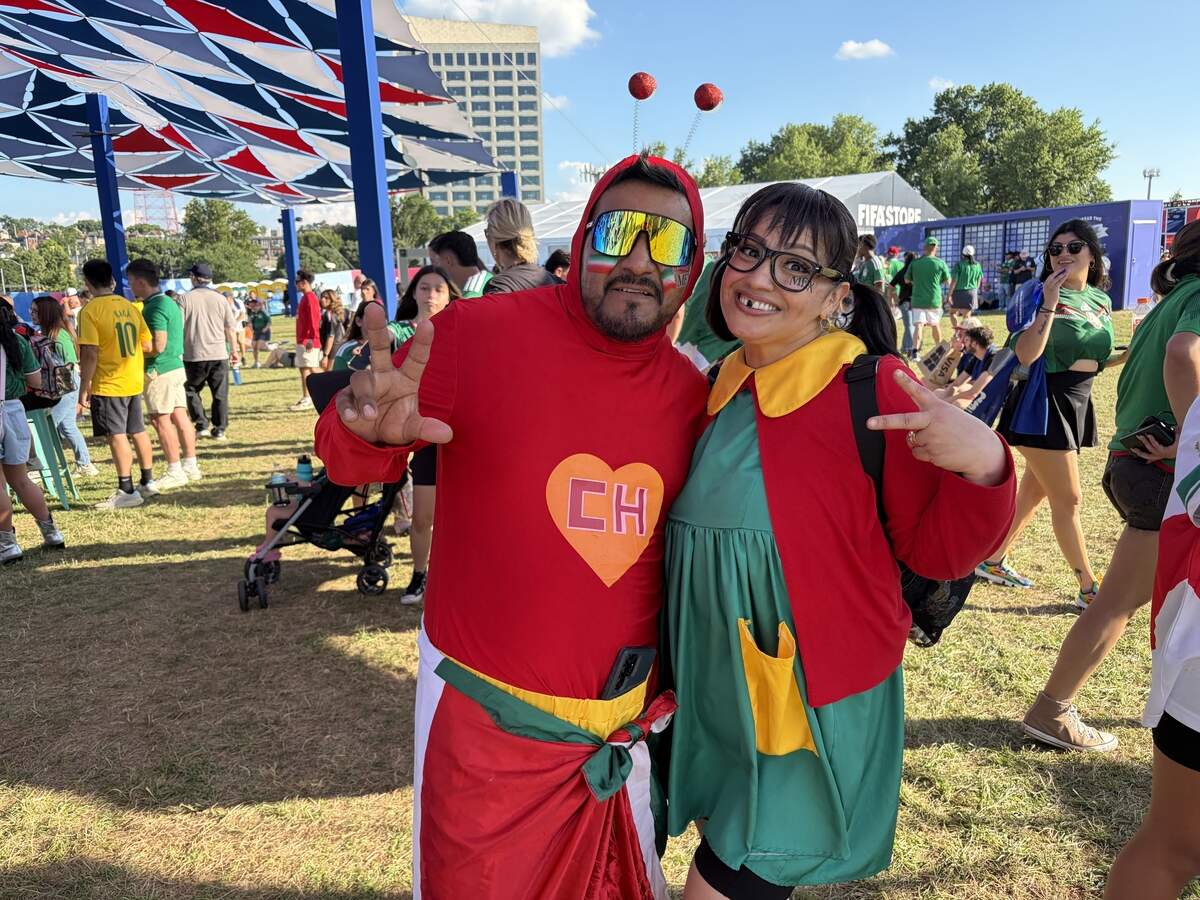 Luis and Tania Sandoval were dressed as El Chapulín Colorado and La Chilindrina, respectively, at FIFA Fan Fest Sunday, July 5. They’d been to the festival every time Mexico played.