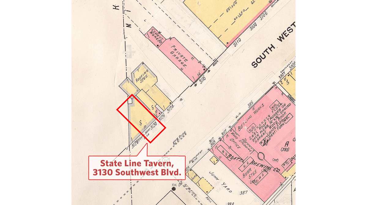 Detail Sanborn Fire Insurance map showing 3130 Southwest Blvd., site of the State Line Tavern.
